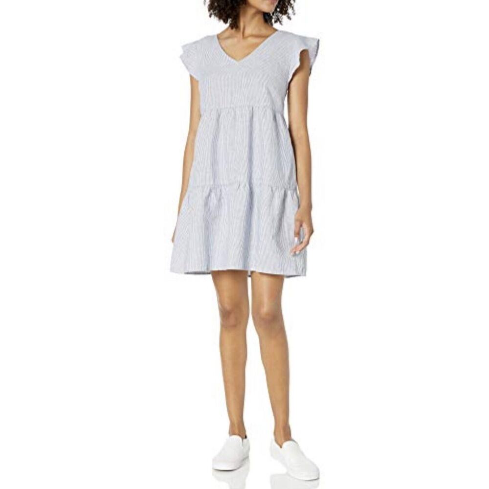 Goodthreads Women's Relaxed-Fit Washed Linen Blend - Blue, White Stripes NWT XS